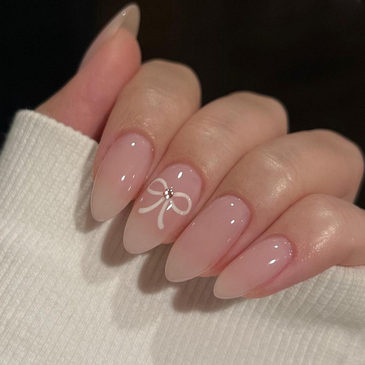 xiaohongshu simple white bow wear nail short nude ins nail art press o n nails wholesale