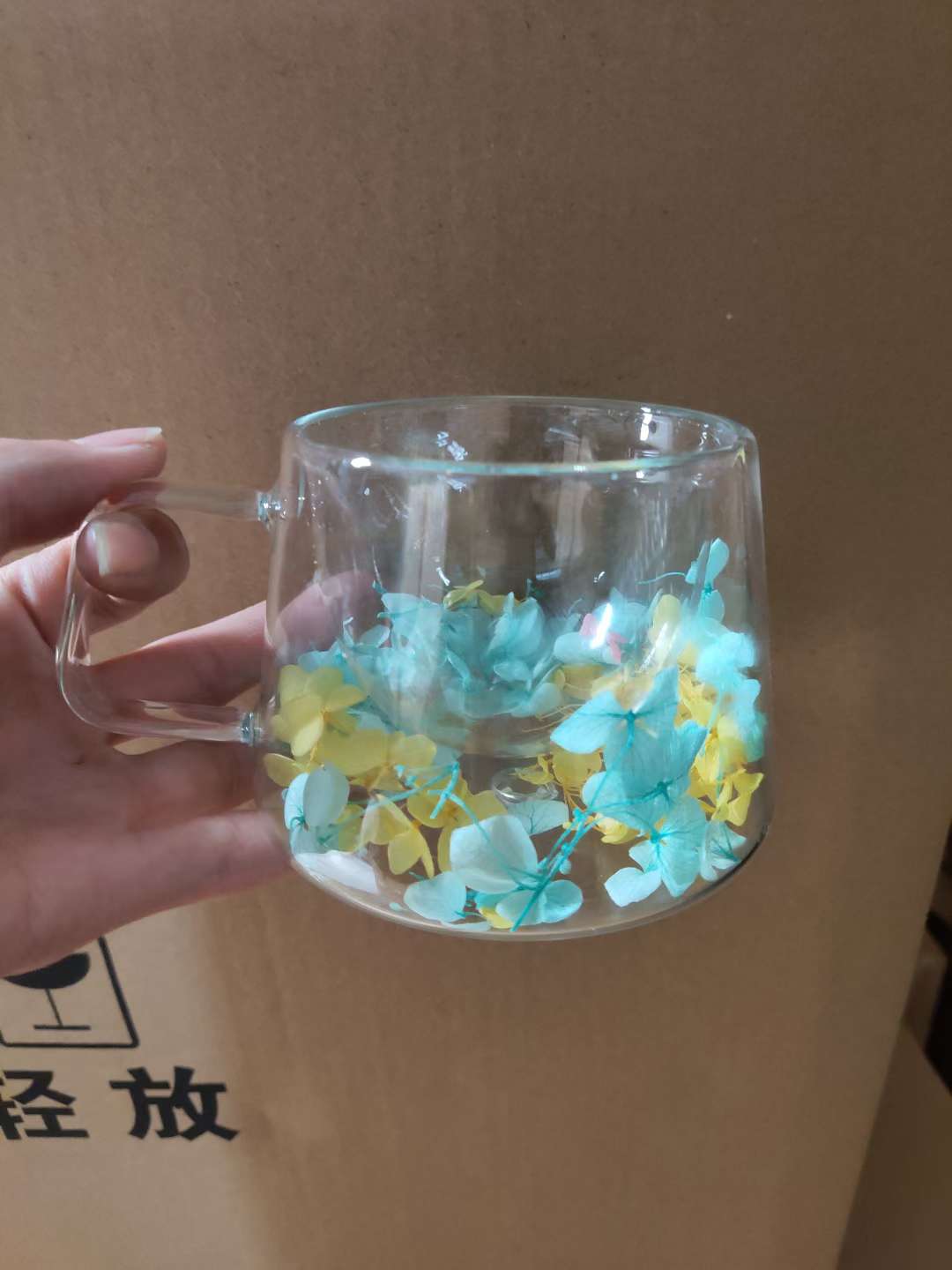 网红真花干花双层玻璃杯高颜值咖啡杯牛奶玻璃杯产品图