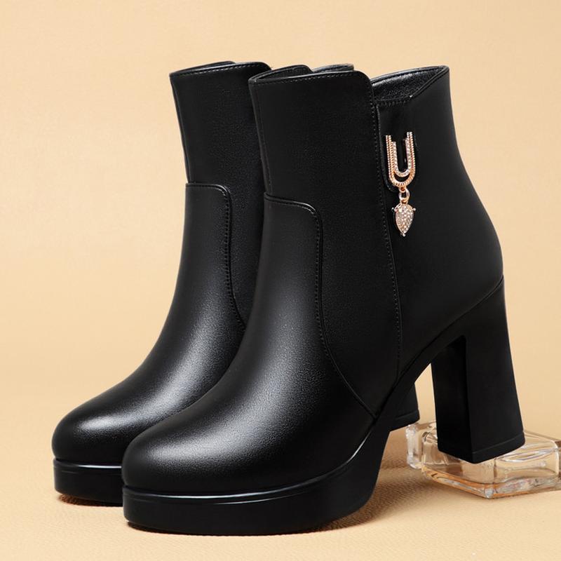 2023 winter new high heel boots mother's cotton shoes chunky heel platform waterproof platform fleece-lined non-slip ladies thin boots