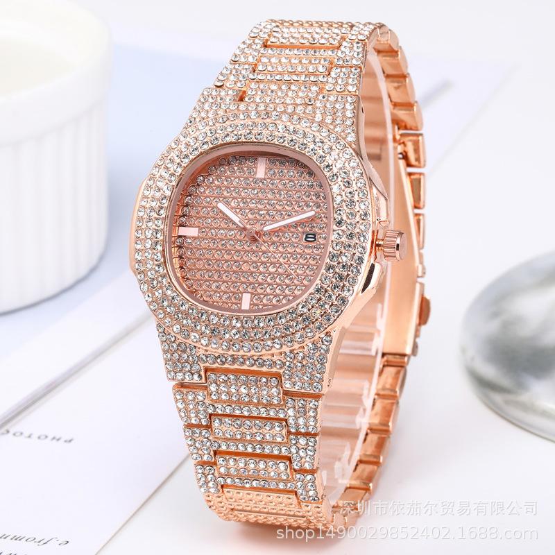 Hot Sale at AliExpress Watch Fashion Steel Belt Diamond Quartz Watch Amazon Men's Watch Starry Full Diamond Calendar Watch