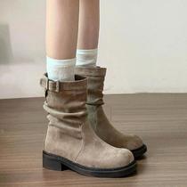 autumn new single layer boots short booties martin boots thick bottom pile style boots waste soil wind flat round head knee-high boots