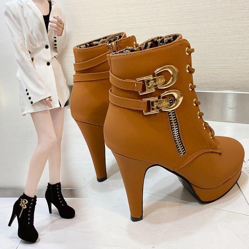 Foreign Trade Super High Heel Short Boots Women's Martin Boots with Bule Women's Side Zipper ce-up Women's Stiletto Heel Boots Ankle Boots Manufacturer