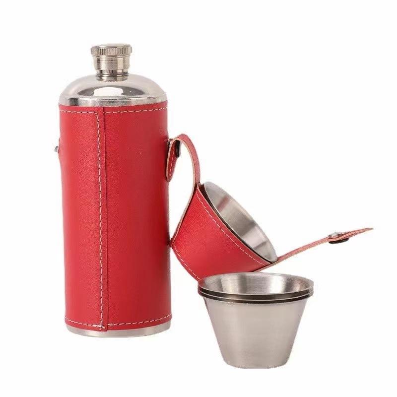 factory wholesale stainless steel cylindrical leather wine pot stainless steel wine pot wine glass set