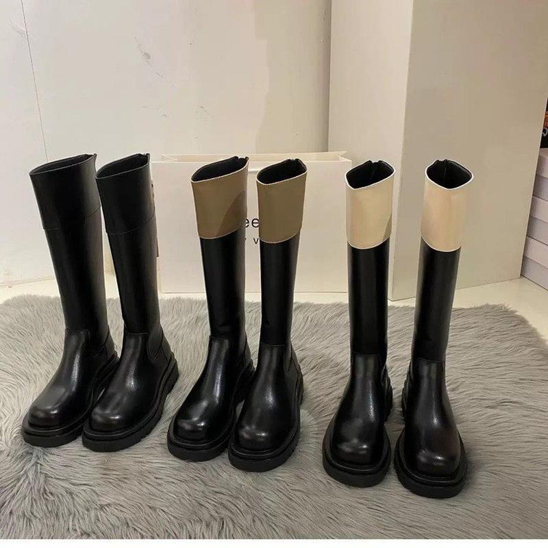 [youshilai] thick bottom color matching long biker boots women's 2024 autumn new high soft leather boots