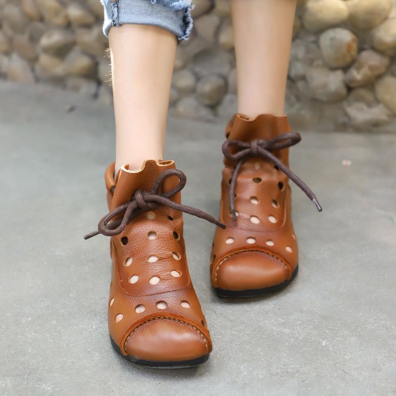 women's boots 2022 summer new authentic leather hollow out breathable leather boots ethnic style high-top shoes women's casual sandal boots women's