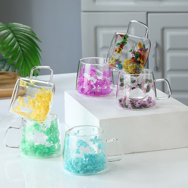 网红真花干花双层玻璃杯高颜值咖啡杯牛奶玻璃杯详情图3