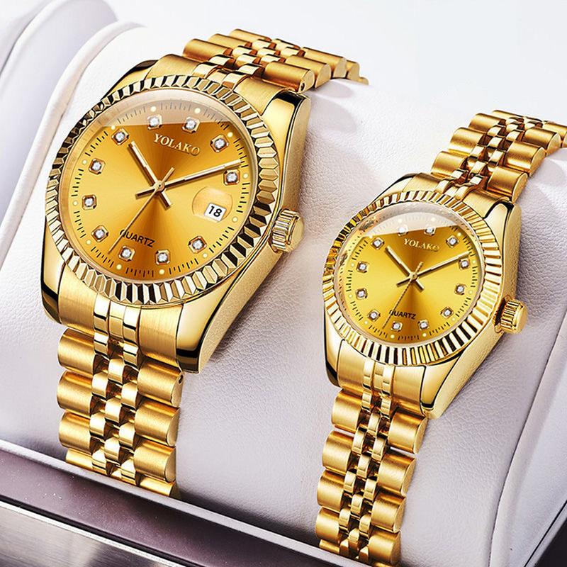 diamond surface steel belt calendar watch women's simple casual student fashion quartz golden suit men's watch couple