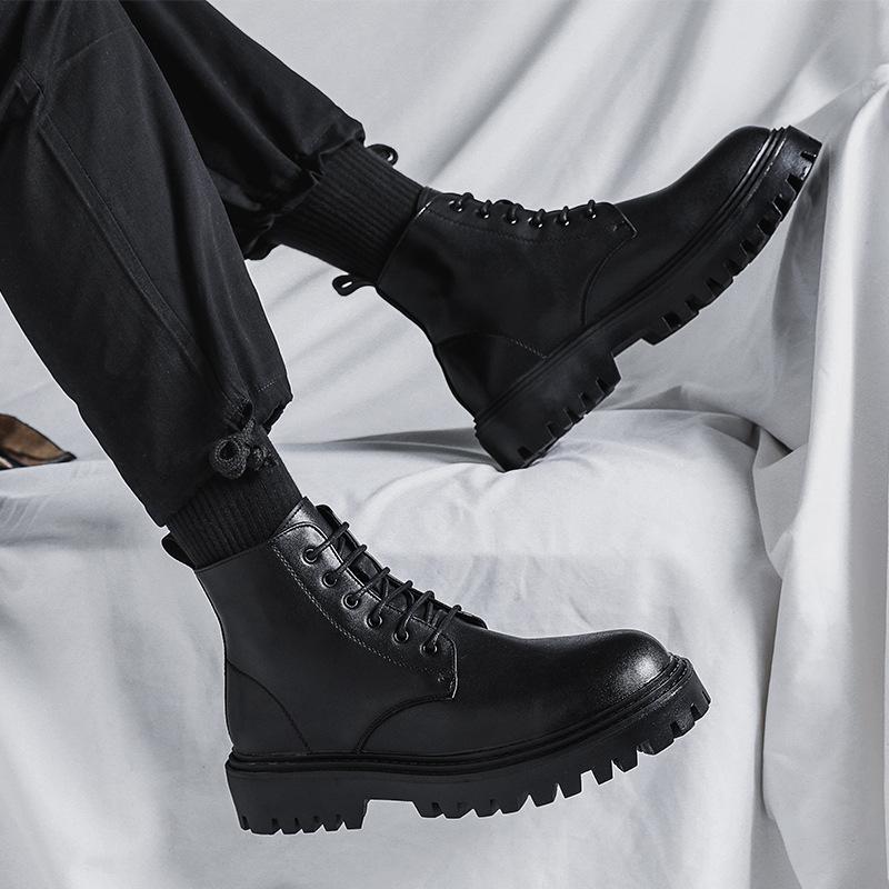 Internet Hot Dr. Martens Boots Men's High-Top Fashionable Spring and Autumn British Style Retro Mid-Top Leather Shoes Black Leather Boots