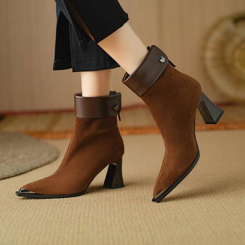 sheepskin authentic leather high heels high-end autumn and winter skinny boots thick heel short boots women's boots pointed toe high heel boots all-matching stylish boots