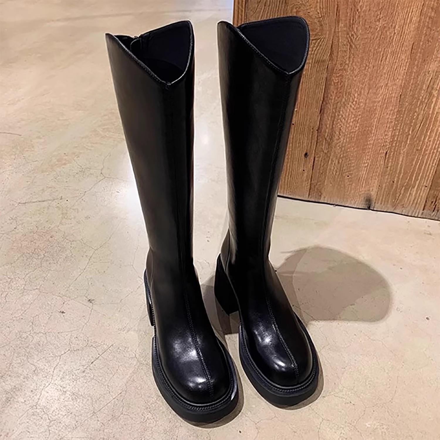 in stock hair ~ grape mom studio slimming v cut back zipper chunky heel platform thigh high boots round head knight boots female
