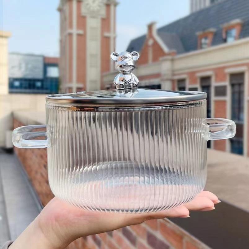 transparent vertical pattern high boron glass soup pot binaural bear glass pot open fire heating large capacity glass milk pot