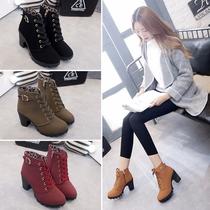 chunky heel ankle boots martin boots for women lace up round toe women's boots frosted material thick high-heeled boots with short tube