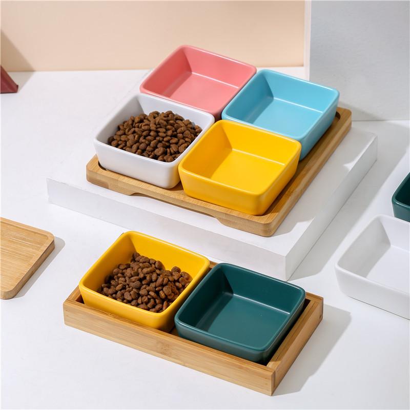 square bowl ceramic kitty puppy suitable for tableware with wood pallet cervical spine protection food bowl food basin