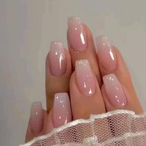 mid-length ballet nail girl pink gradient glitter fake nails sweet ins style fashion nail sticker nails