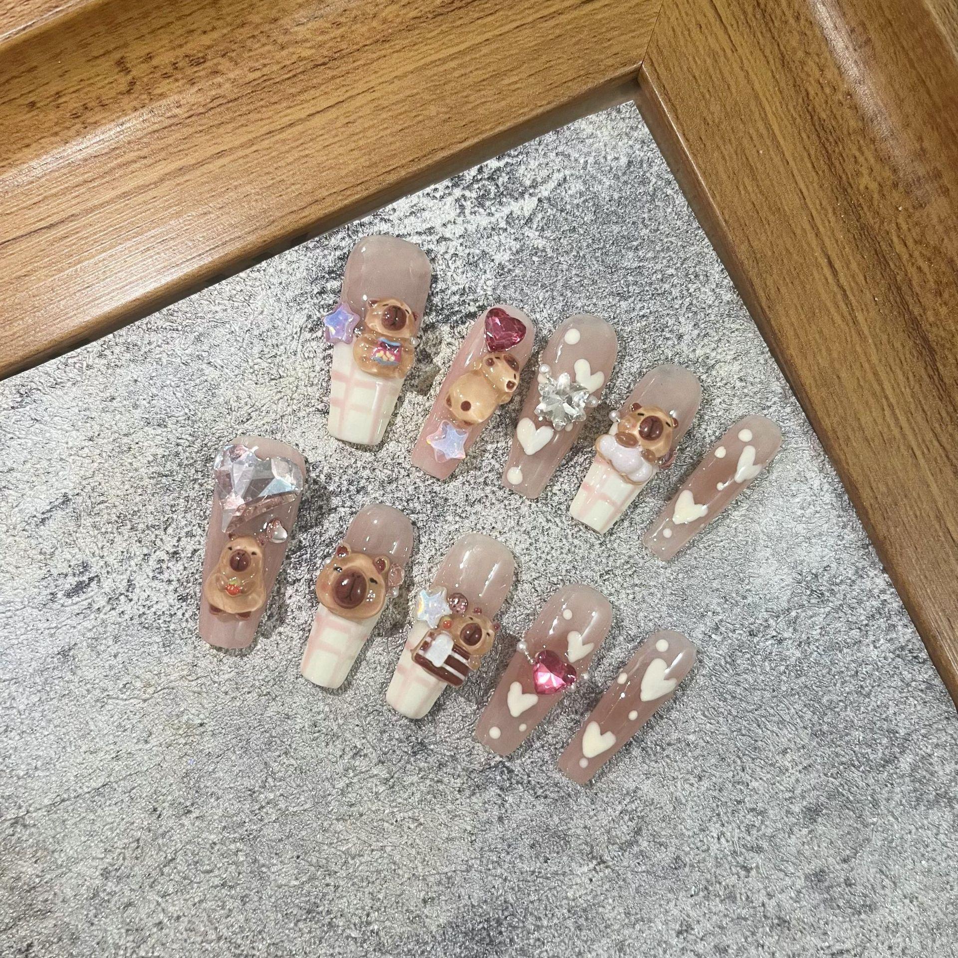 handmade wear nail long lengthened ladder cartoon sweet girl khaki bala white high-grade sense jiaxin manicure