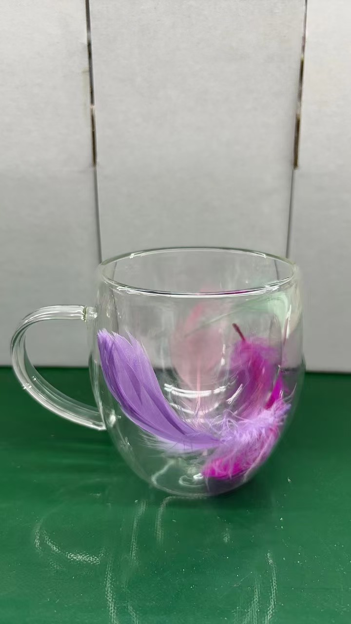 网红真花干花双层玻璃杯耐热高颜值满天星羽毛牛奶咖啡杯玻璃杯细节图