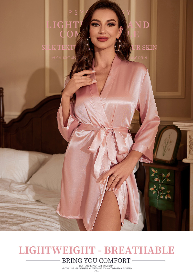 T跨境专供性感女士系带浴袍可外穿女式睡袍舒适冰丝感睡衣家居服详情2