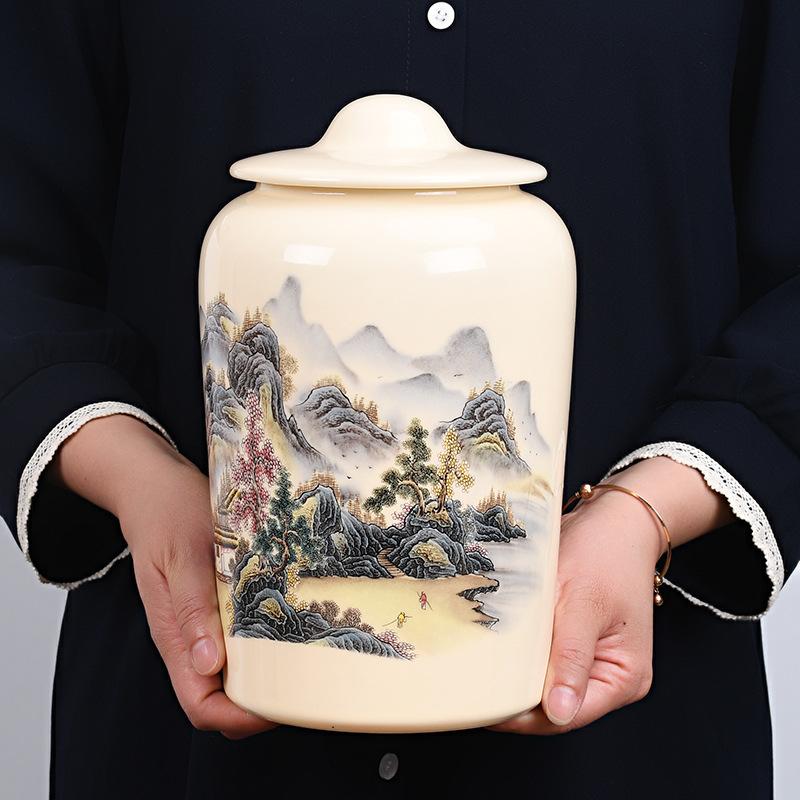high-end hand gift pastel landscape tea pot large capacity ceramic sealed can household storage tea packaging tea caddy