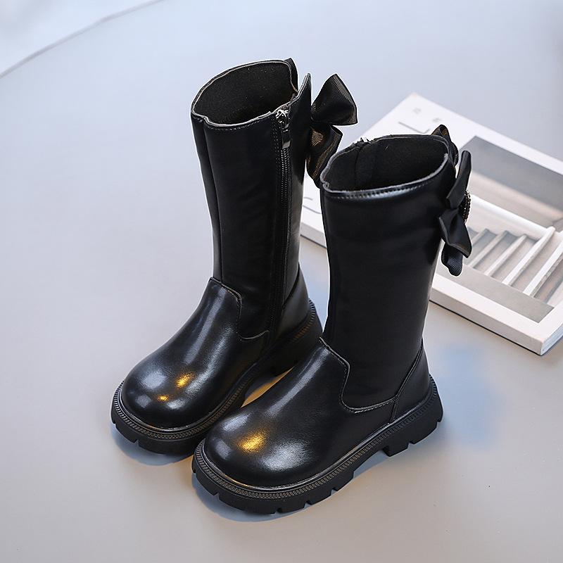girls' high-top boots 2023 autumn and winter new children's fleece lined over-the-knee boots medium and big children's bow leather boots tpc23100