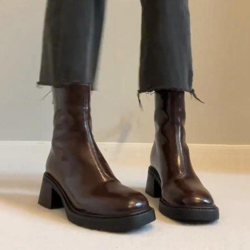 2024 new spring and autumn boots british style square toe chelsea boots high-heeled skinny boots chunky heel ankle boots for women