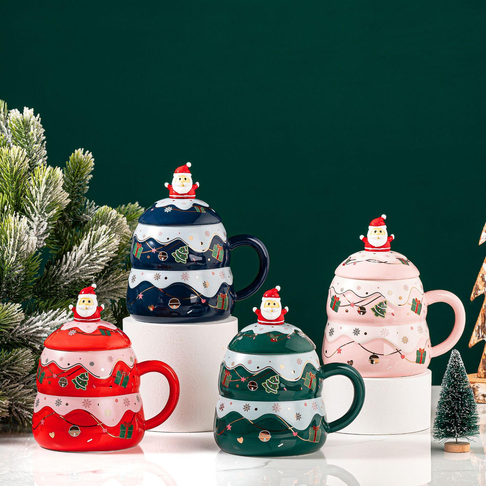 creative christmas gift ceramic cup christmas tree mug with lid spoon christmas gift