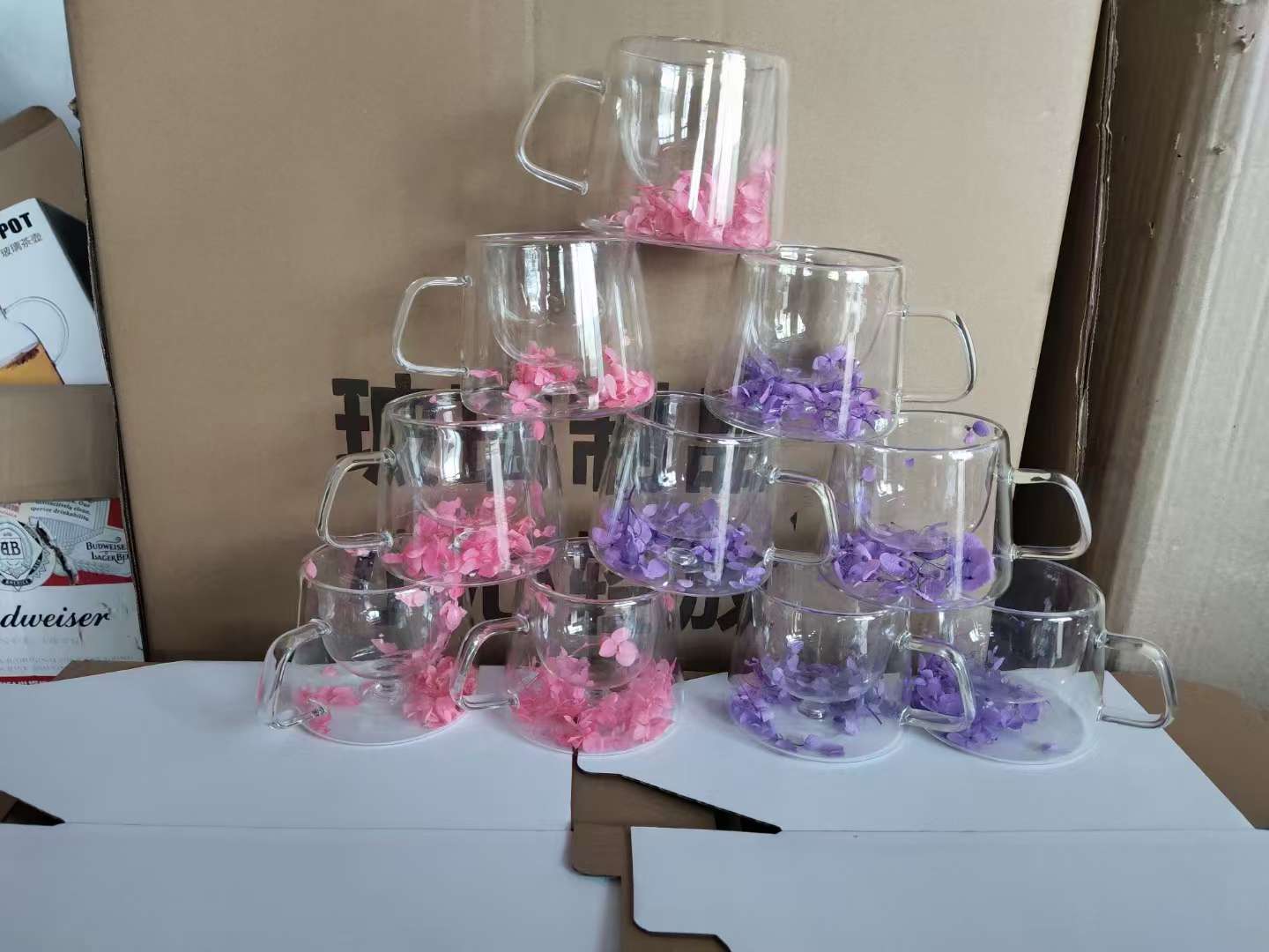 网红真花干花双层玻璃杯高颜值咖啡杯牛奶玻璃杯详情图2