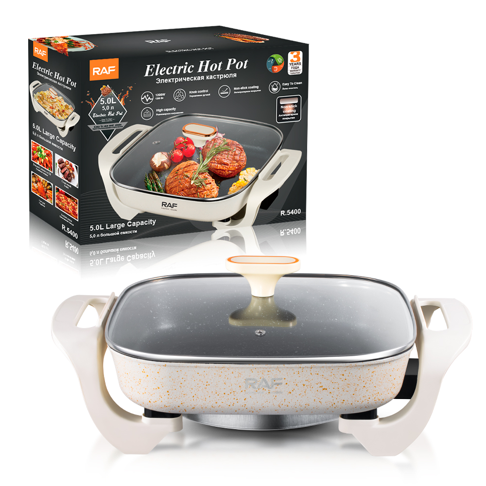 RAF European standard multi-functional 5L electric cooking pot, electric baking pot, household electric hot pot, barbecue and boiling pot all-in-one pot, frying electric griddle details Picture