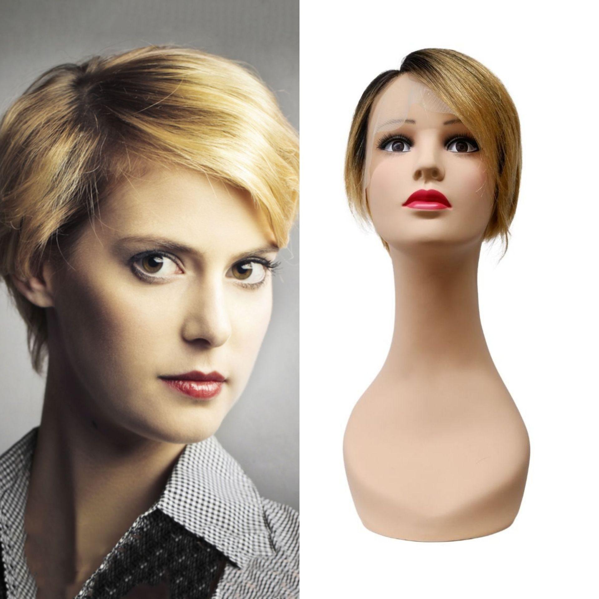10 Inch Full Human Hair T-Shaped Lace Hand-Woven Part Bangs Short Hair Wig