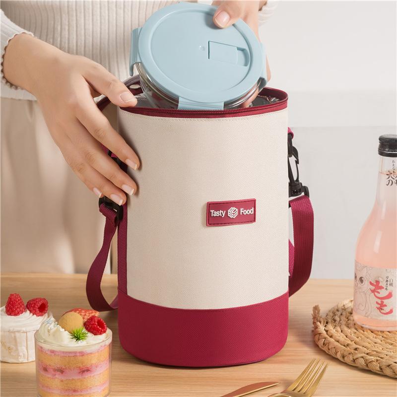 new cylindrical insulated bag shoulder strap round multi-layer lunch box bag office worker school portable crossbody lunch bag