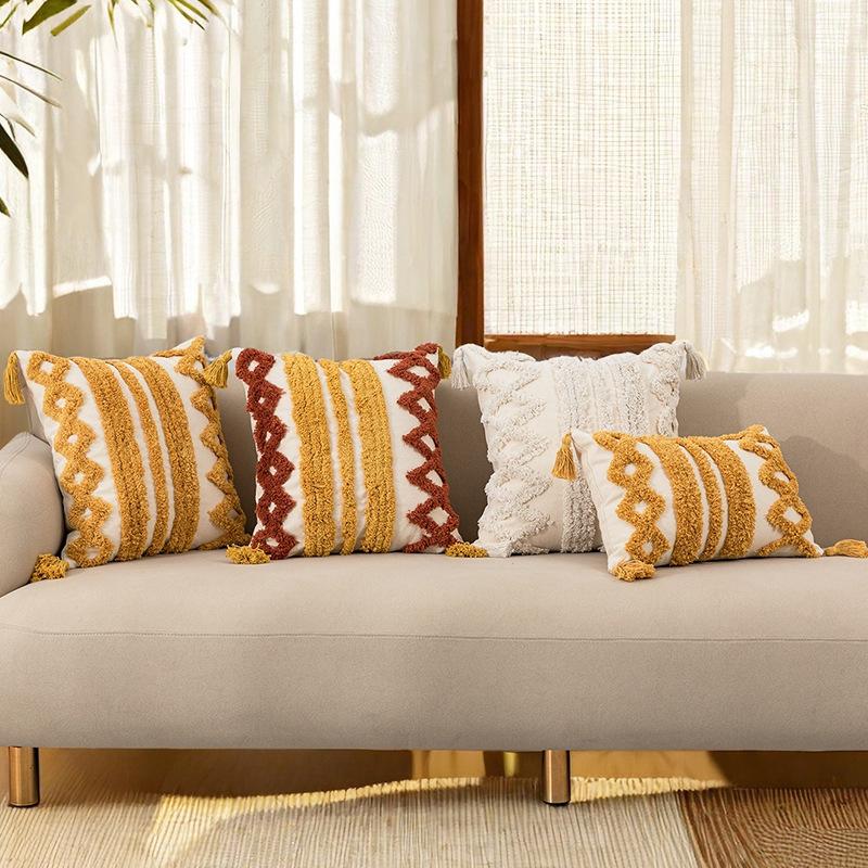 cross-border tufted tassel pillow cover bohemian home living room sofa bedroom back solid color tassel cushion