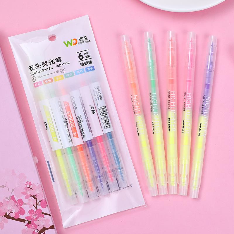creative double-headed highlighter set 6-piece student stationery key sentence marking pen color oblique head marking pen