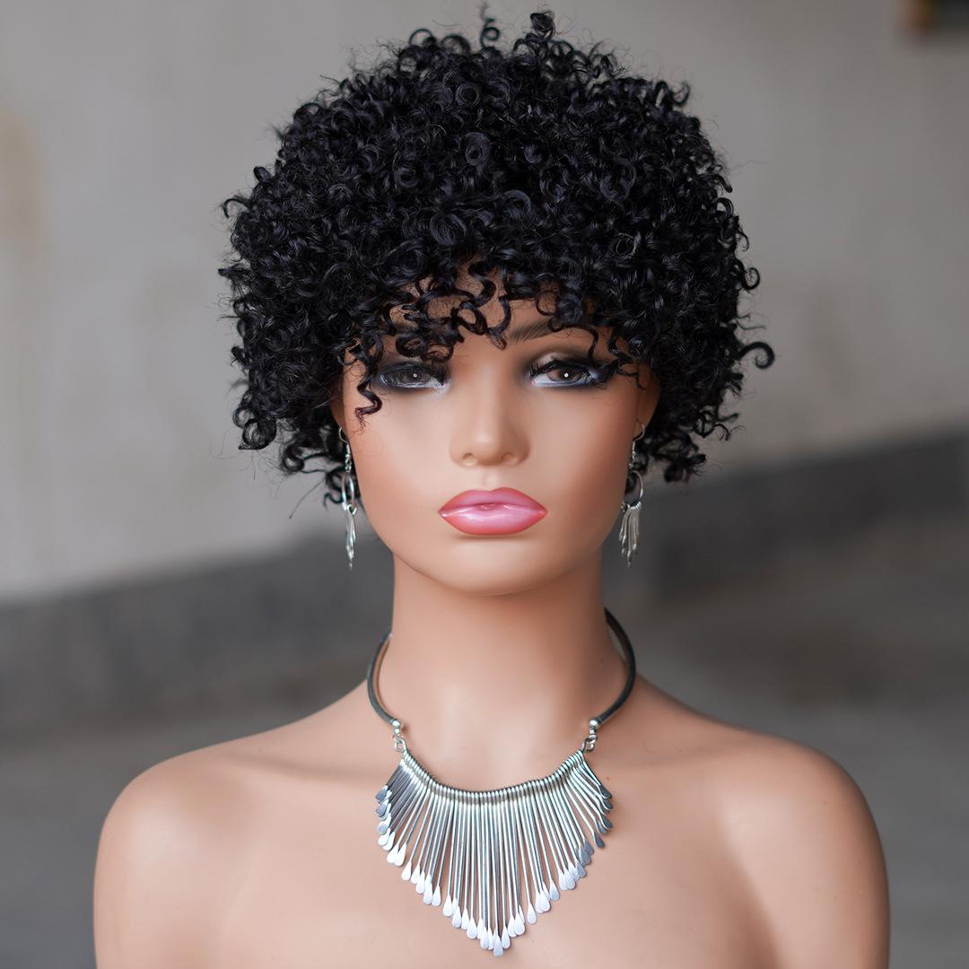 factory full mechanism short small roll human hair wig headgear pixie cut wigsyw176