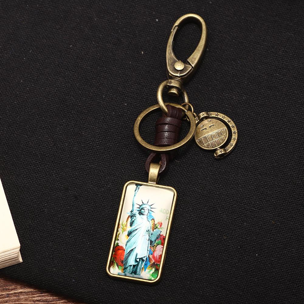 square creative gift keychain american statue of liberty key pendants glass buckle rotatable smiley face
