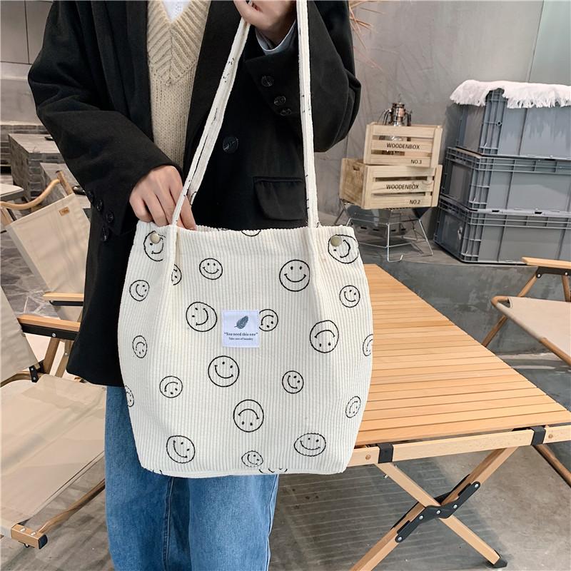 012174 retro corduroy smiley face shoulder tote bag female student class canvas bag simple cloth tote