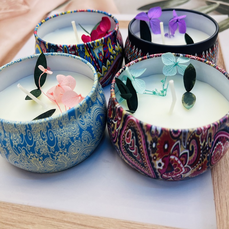 Household soy wax plant tea, fragrant tea, festival decoration atmosphere, round candle, smokeless natural aroma, iron box, cotton core, wood core, dried flower fragrant tea, festival decoration atmosphere, round candle, smokeless natural aroma, small candle, candle Specification image