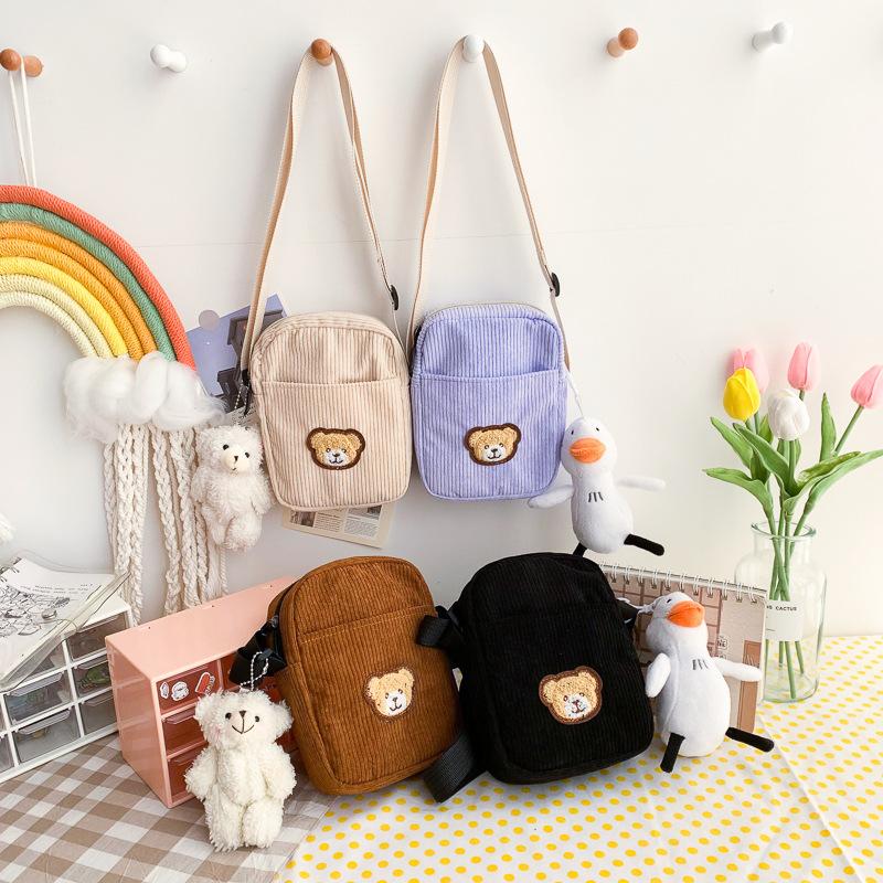 2023 New Cute Embroidered Bear Mobile Phone Bag Japanese Corduroy Cute Girl Girls Student Shoulder Crossbody Pouch