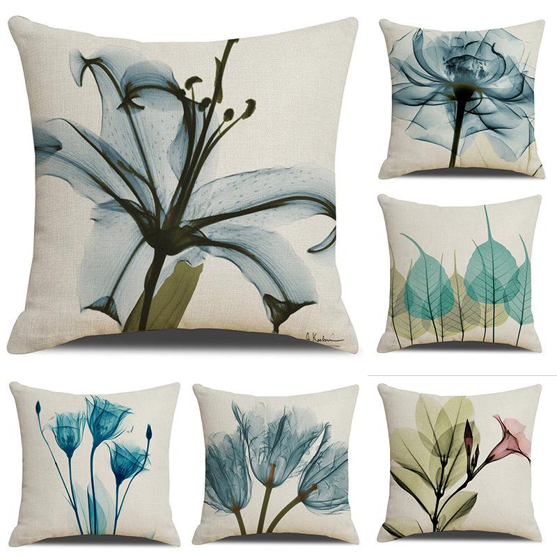 Amazon Pillow Nordic Instagram Style Flower Blue Pattern Pillow Cover Linen Sofa Cushion Bedside Cushion