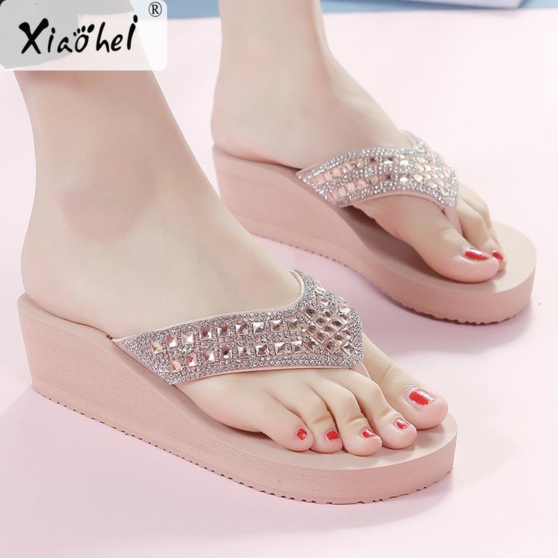 women's slippers summer rhinestone slippers women's outdoor fashion slides seaside beach shoes wedge breathable flip flops