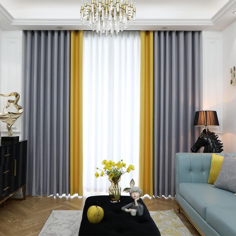 Plain-Color Curtain Thick High Precision Solid Color Stitching Living Room Curtain Black Silk Full Shading Curtain Finished Product