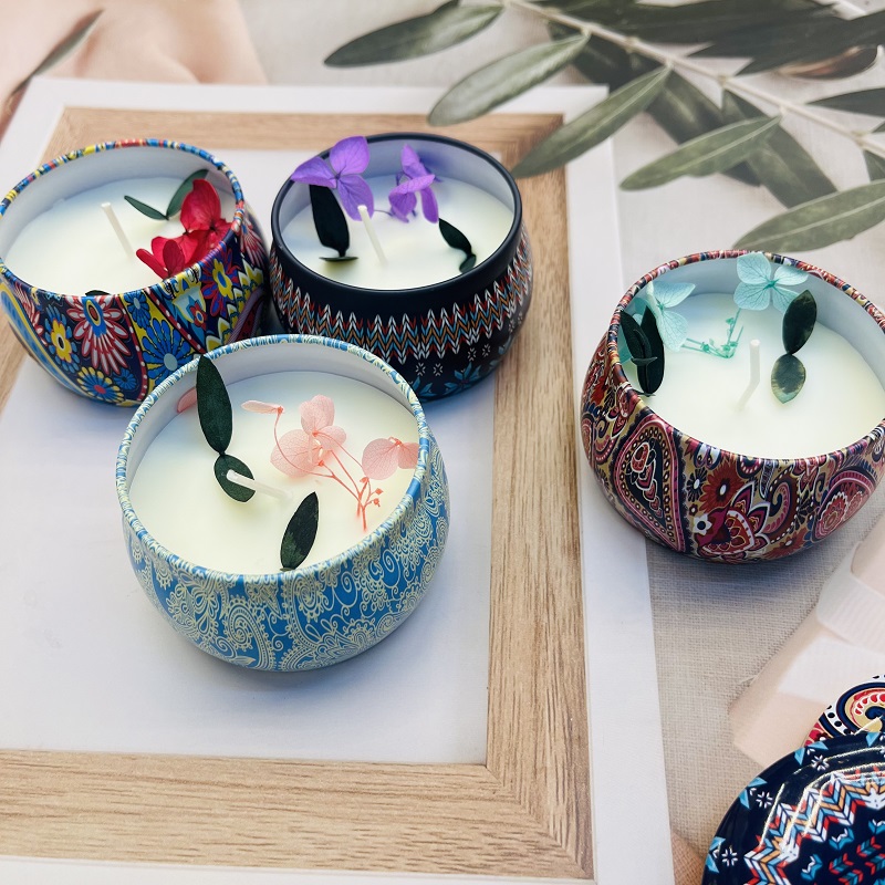 Household soy wax plant tea, fragrant tea, festival decoration atmosphere, round candle, smokeless natural aroma, iron box, cotton core, wood core, dried flower fragrant tea, festival decoration atmosphere, round candle, smokeless natural aroma, small candle, candle Item Picture