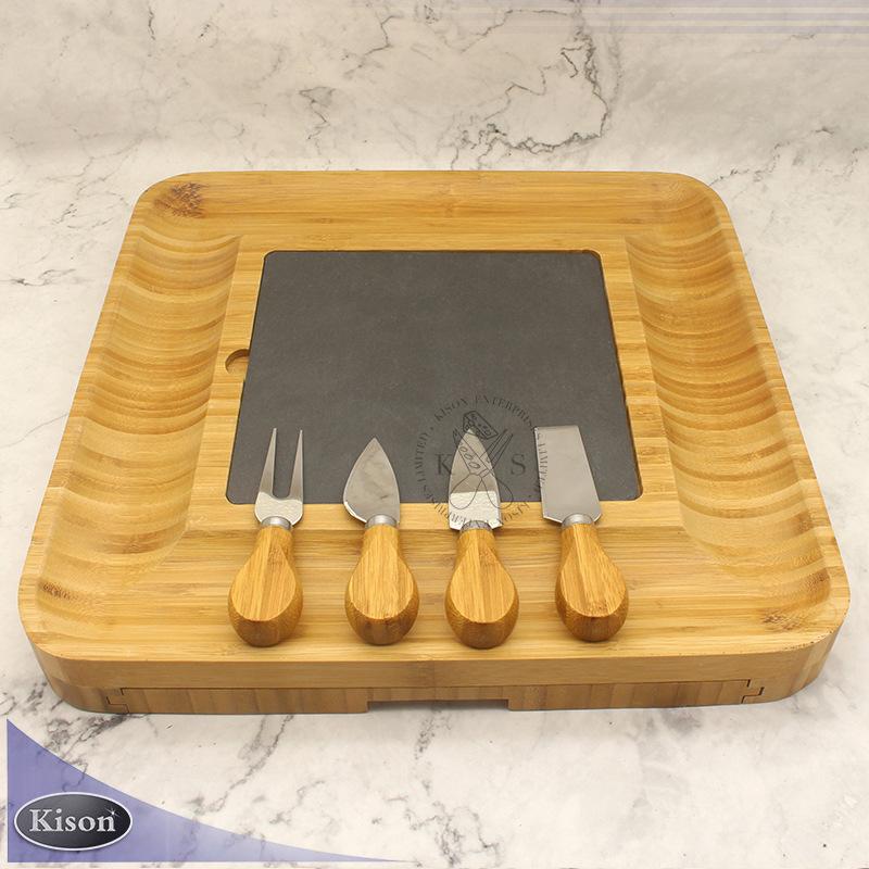 square carbonized bamboo cheese chopping board box cheese pizza cutter with slate chopping board stainless steel cheese knife