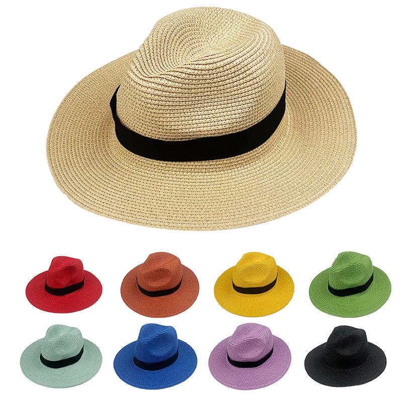 summer foldable big brim lafite panama straw hat square buckle sun shade top hat outdoor breathable sun protection hat wholesale