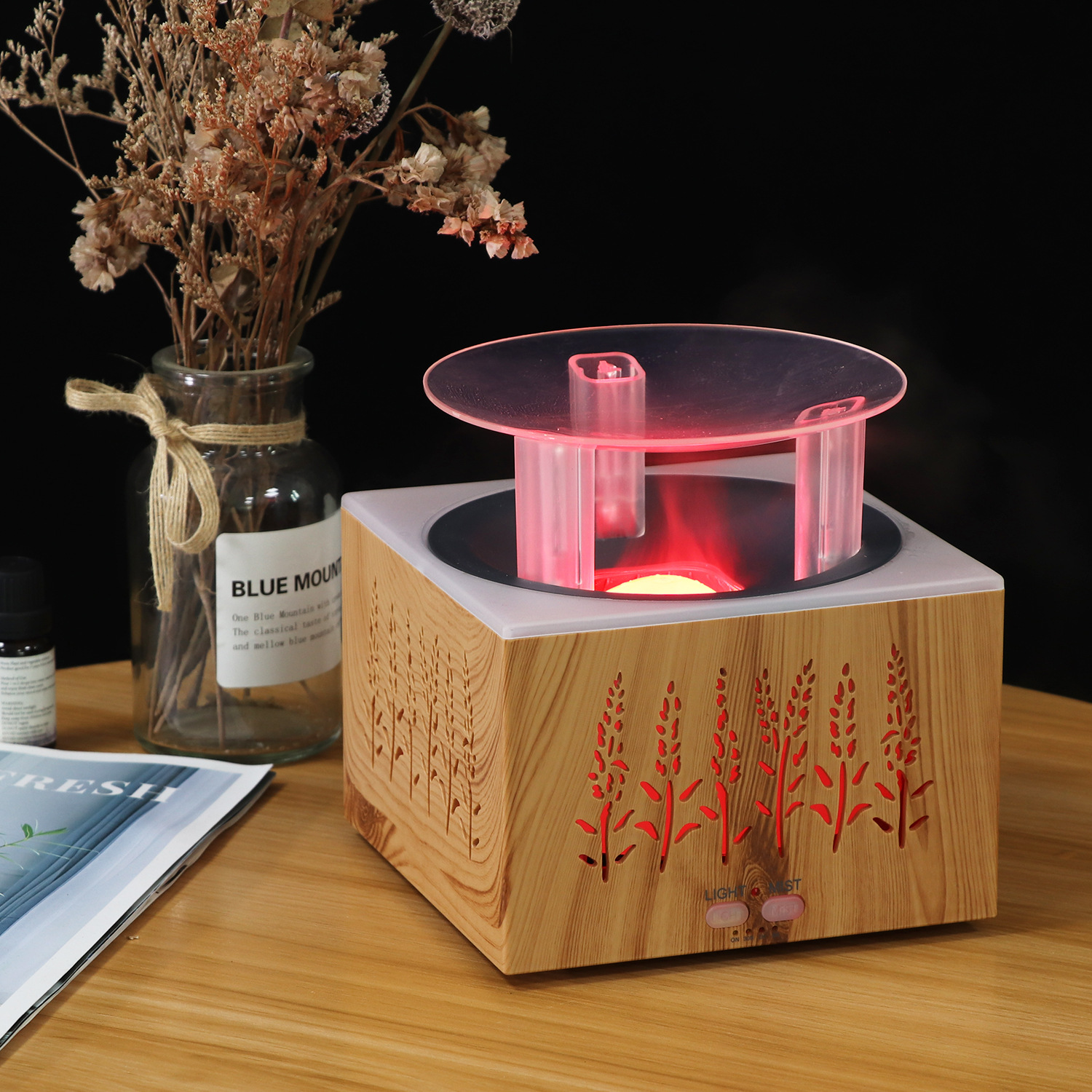 Difusor de aroma de llama de simulación creativa trigo hueco para el hogar oficina siete luces de color humidificador aceite esencial difusor de aroma Item Picture