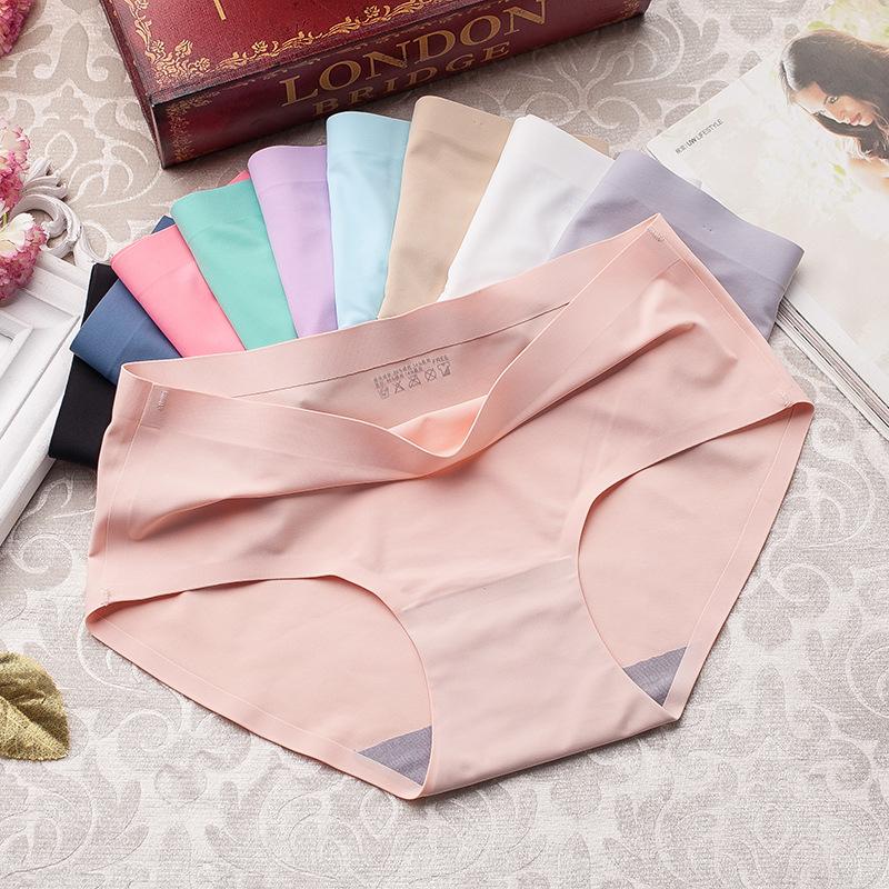 hot selling self-selected sexy ice silk seamless panties female mid waist plus size solid color one piece panties 810