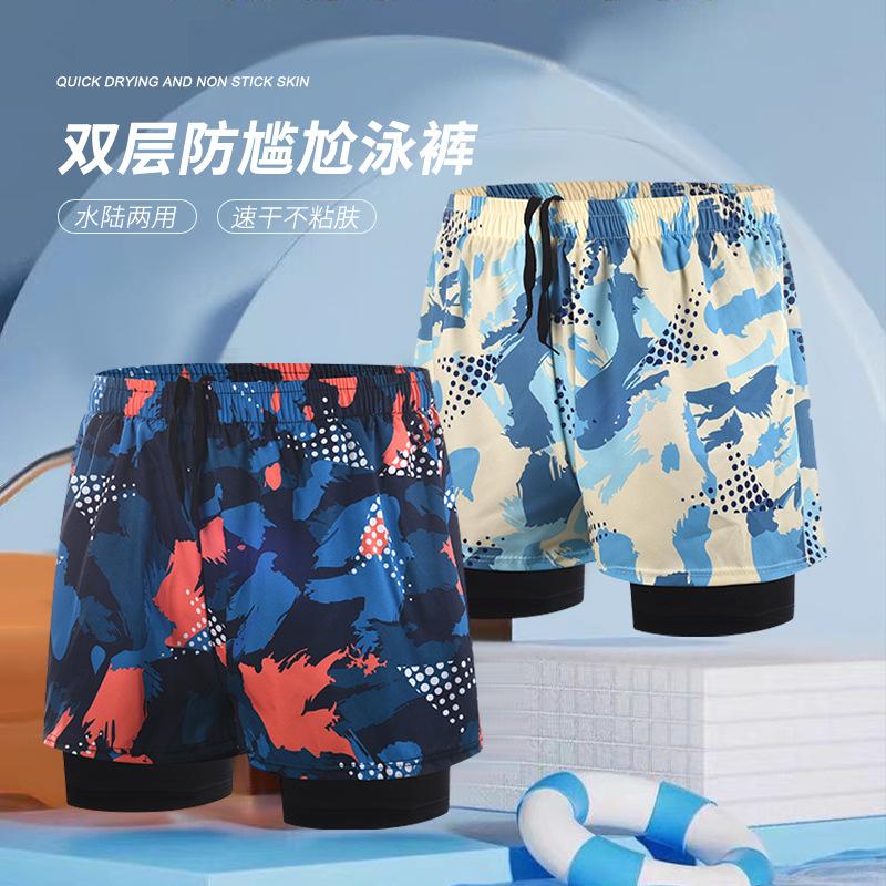 swimming trunks men's new quick-drying double layer anti-embarrassment oversized loose-fitting pattern print adult swimming trunks professional men's swimwear
