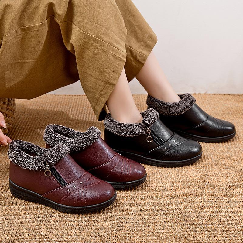 mother's shoes cotton-padded shoes fleece-lined winter flat non-slip warm middle-aged and elderly women's winter shoes old lady low-top leather shoes