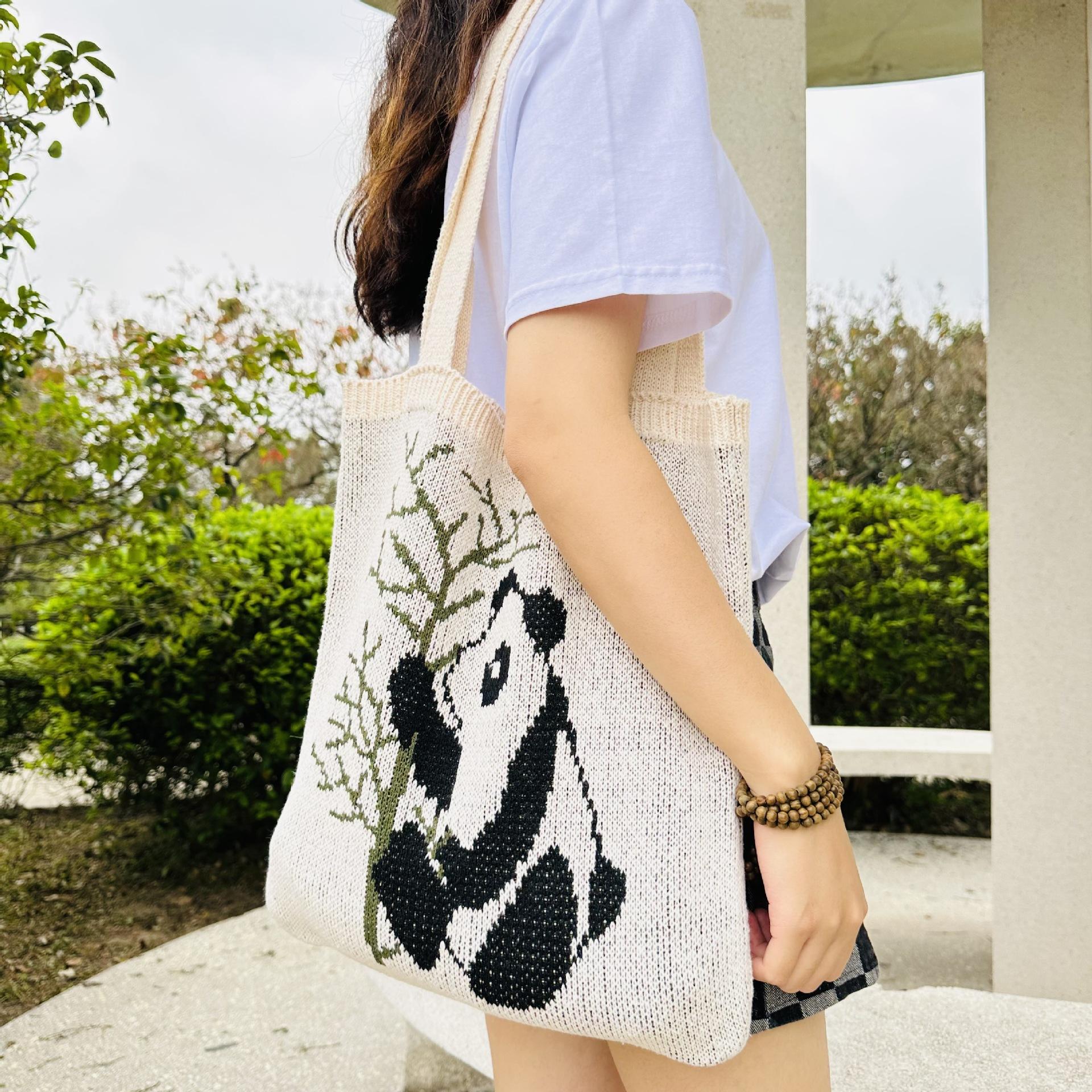 2023 New Amazon Cross-Border Bag Tote Bag Panda Pattern Paage Knitted Bags Hollow Bag Woven Bag