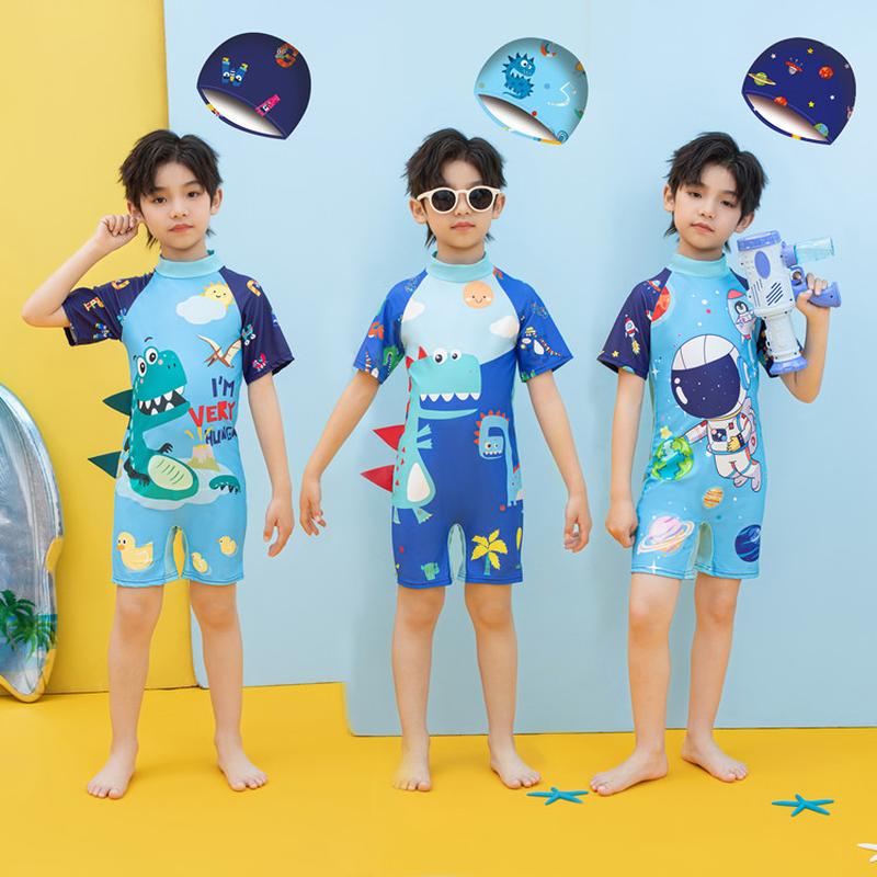 cartoon cute children's swimsuit one-piece boy small and older children's short sleeve shorts swimsuit baby boy conservative swimwear