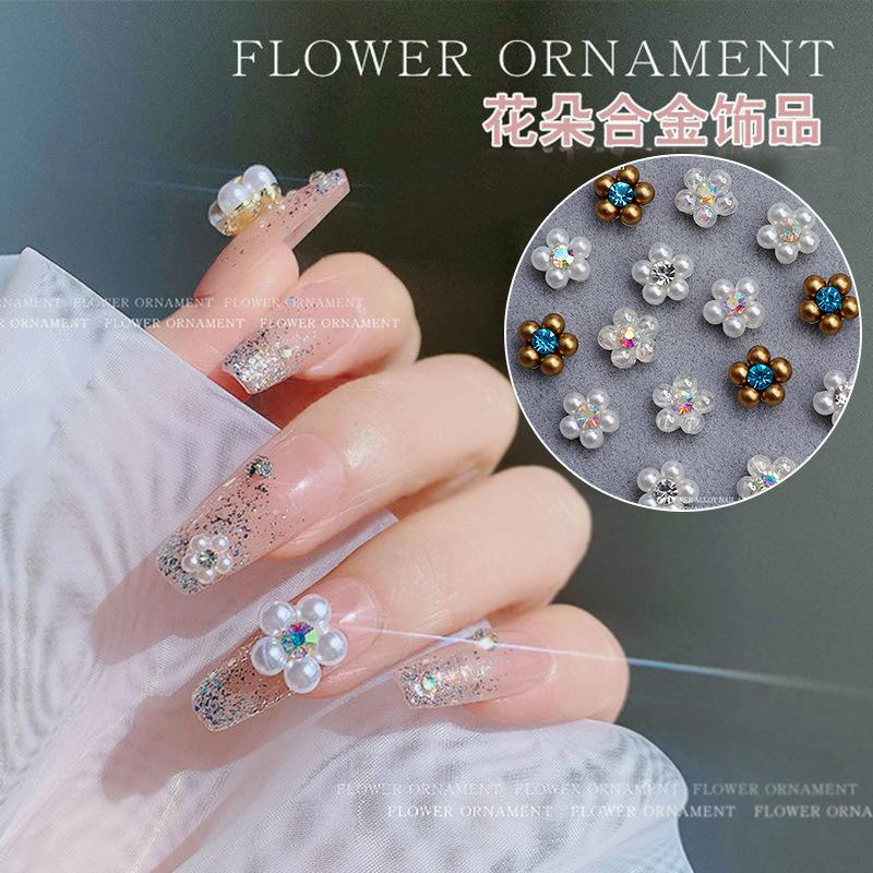 flower series nail ornament ~ internet celebrity same pearl small flower manicure jewelry alloy nails accessories flat bottom colorful crystals