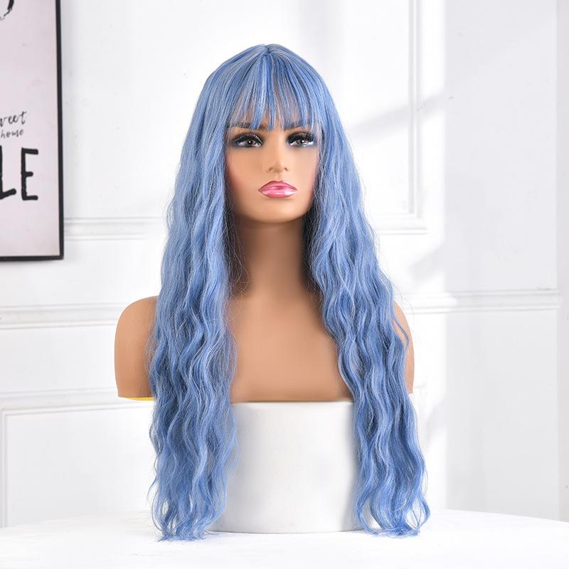 european and american style wig sky blue long small curly hair high-temperature fiber small roll african wig sheath medium long curly hair head cover in stock